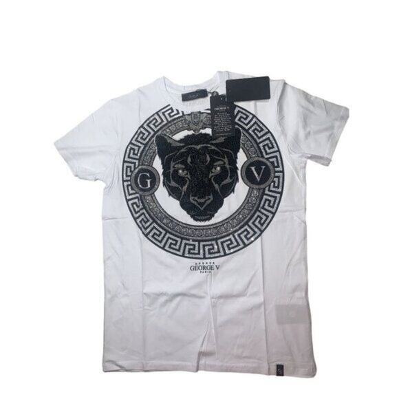 AVENUE GEORGE V Paris Men's‎ White Graphic T-Shirt With Black Panther Rhinestone - Picture 2 of 14